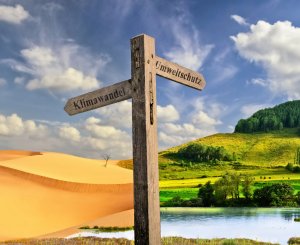 Wegweiser weist auf zwei Landschaften, mit Klimawandel auf eine Wüste, mit Klimaschutz auf eine grüne Landschaft
